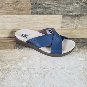 Kuru Breeze Womens Slide Sandals Sz 8 W Blue Ivory Leather Slip On Open Toe